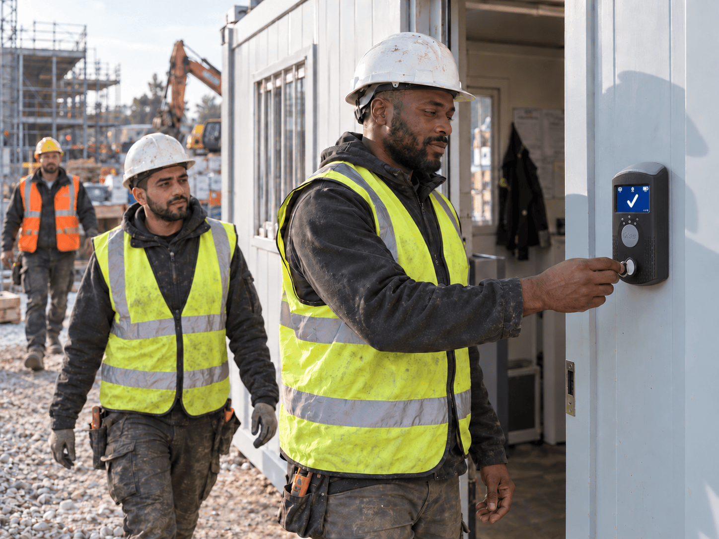 Ouvrier badgant sur la pointeuse AGS-SOFT sur un chantier