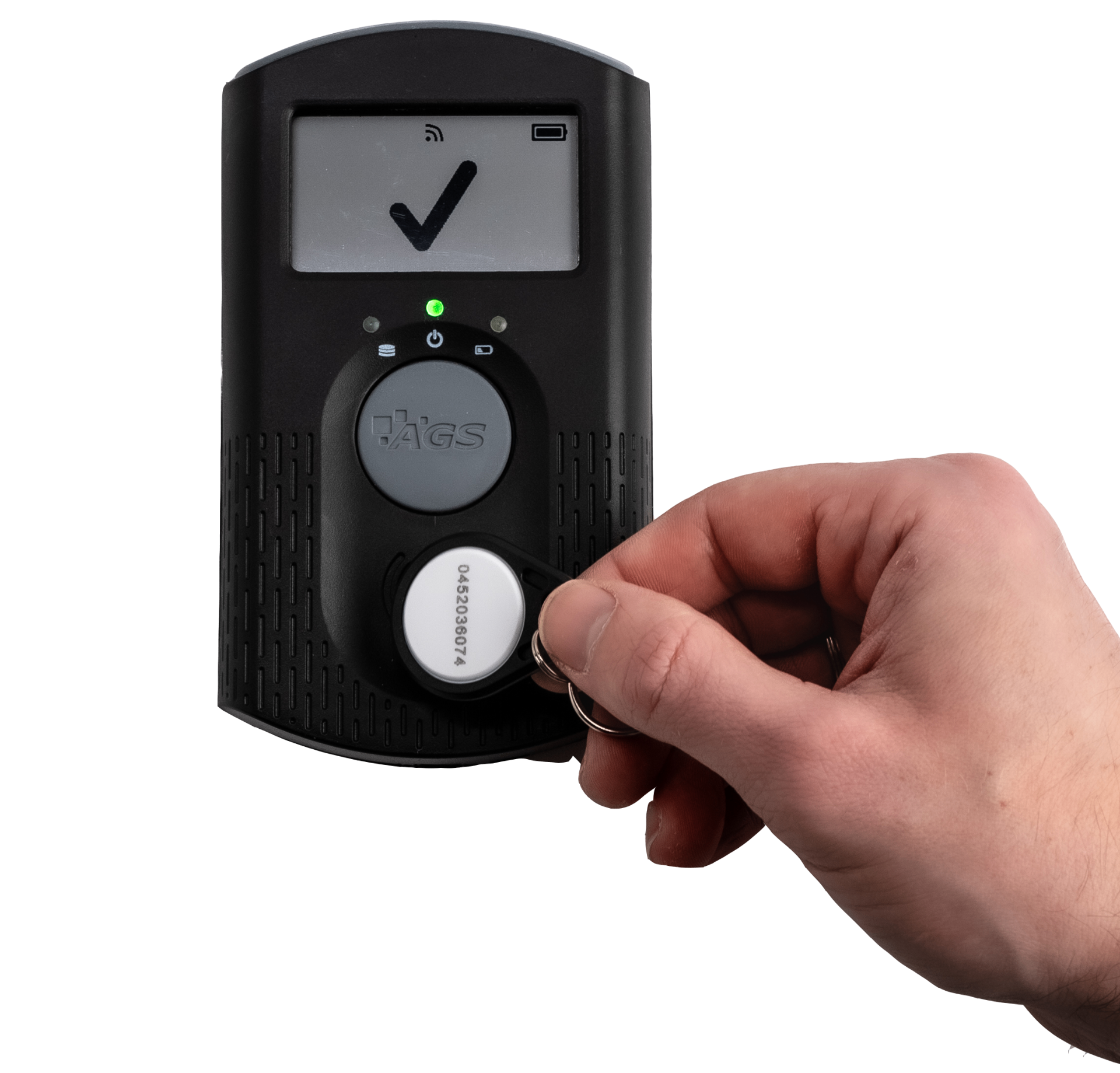 Badgeuse AGS-SOFT avec badge RFID en main