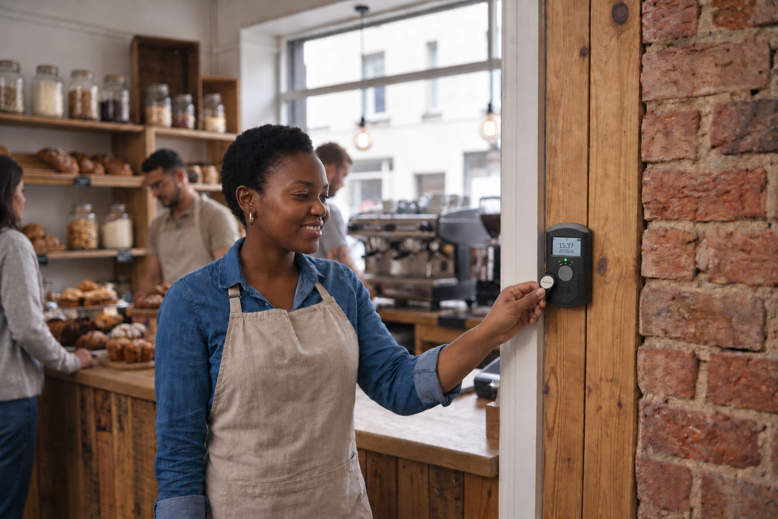 Salariée qui badge sur la pointeuse AGS-SOFT dans un commerce